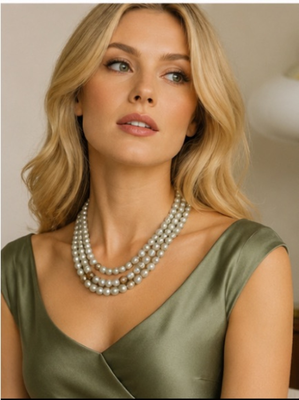 Vintage Japan 3 Strand Sage Gray Faux Pearl Necklace Gold Tone 16” MCM bridal